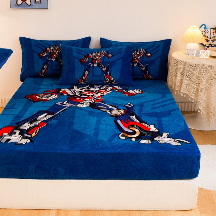 91家纺网 家纺一手货源 找家纺 一电 外贸2025新款卡通珊瑚绒床笠单件床罩冬季加厚牛奶绒床垫保护罩全包床单套 擎天柱