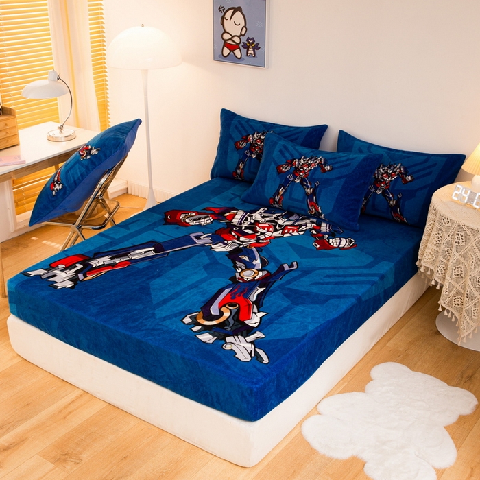 91家纺网 家纺一手货源 找家纺 一电 外贸2025新款卡通珊瑚绒床笠单件床罩冬季加厚牛奶绒床垫保护罩全包床单套 擎天柱