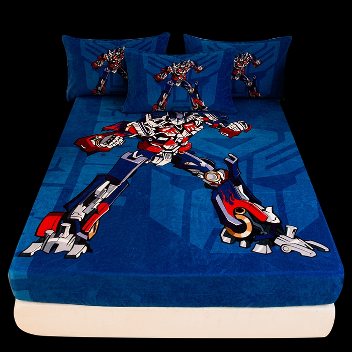 91家纺网 家纺一手货源 找家纺 一电 外贸2025新款卡通珊瑚绒床笠单件床罩冬季加厚牛奶绒床垫保护罩全包床单套 擎天柱