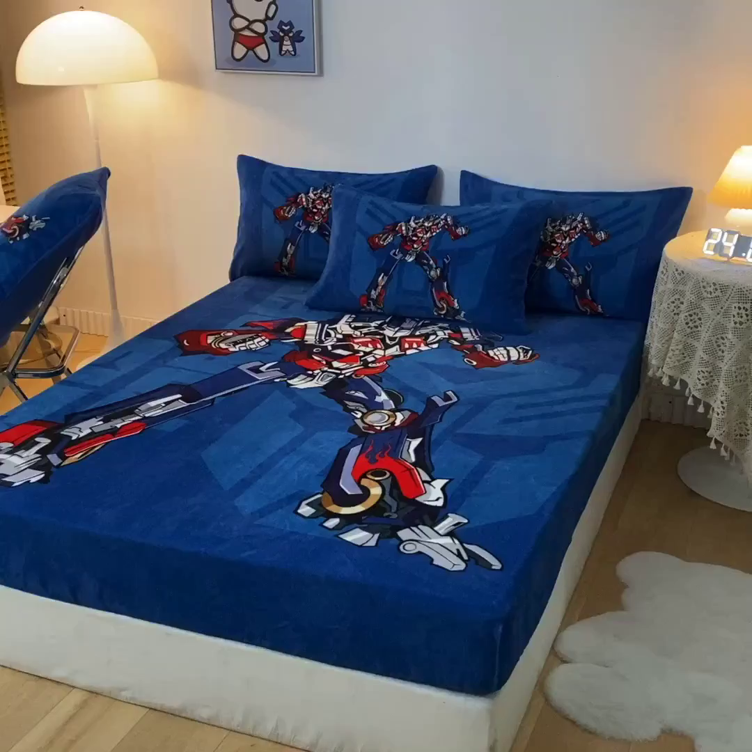 91家纺网 家纺一手货源 找家纺 一电 外贸2025新款卡通珊瑚绒床笠单件床罩冬季加厚牛奶绒床垫保护罩全包床单套 擎天柱