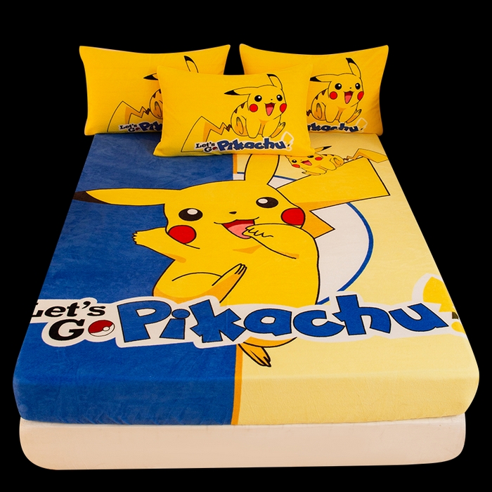 91家纺网 家纺一手货源 找家纺 一电 外贸2025新款卡通珊瑚绒床笠单件床罩冬季加厚牛奶绒床垫保护罩全包床单套 淘气皮卡丘