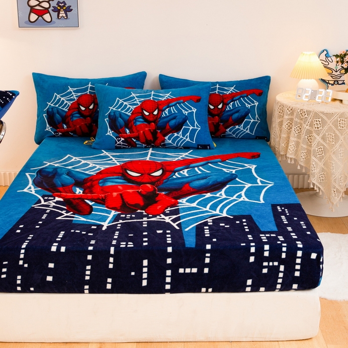 91家纺网 家纺一手货源 找家纺 一电 外贸2025新款卡通珊瑚绒床笠单件床罩冬季加厚牛奶绒床垫保护罩全包床单套 蜘蛛侠