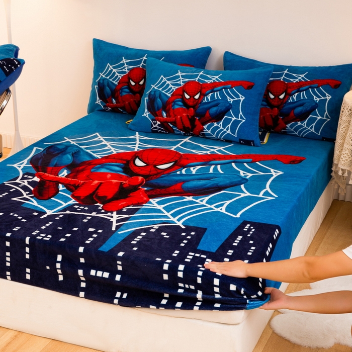 91家纺网 家纺一手货源 找家纺 一电 外贸2025新款卡通珊瑚绒床笠单件床罩冬季加厚牛奶绒床垫保护罩全包床单套 蜘蛛侠