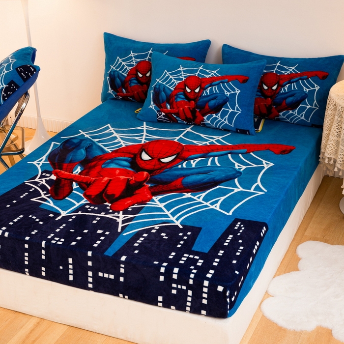 91家纺网 家纺一手货源 找家纺 一电 外贸2025新款卡通珊瑚绒床笠单件床罩冬季加厚牛奶绒床垫保护罩全包床单套 蜘蛛侠