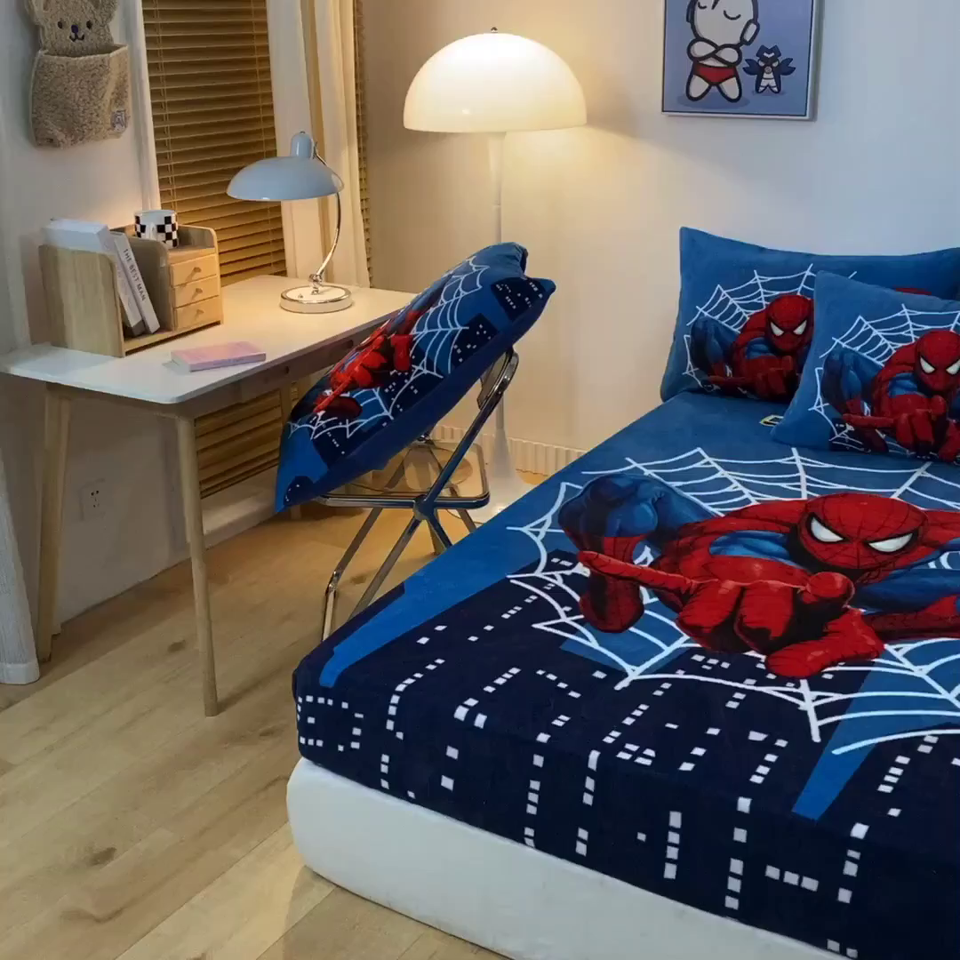 91家纺网 家纺一手货源 找家纺 一电 外贸2025新款卡通珊瑚绒床笠单件床罩冬季加厚牛奶绒床垫保护罩全包床单套 蜘蛛侠