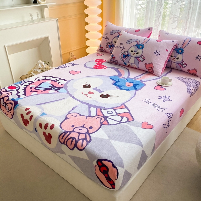 91家纺网 家纺一手货源 找家纺 一电 外贸2025新款卡通珊瑚绒床笠单件床罩冬季加厚牛奶绒床垫保护罩全包床单套 冰冰星黛露