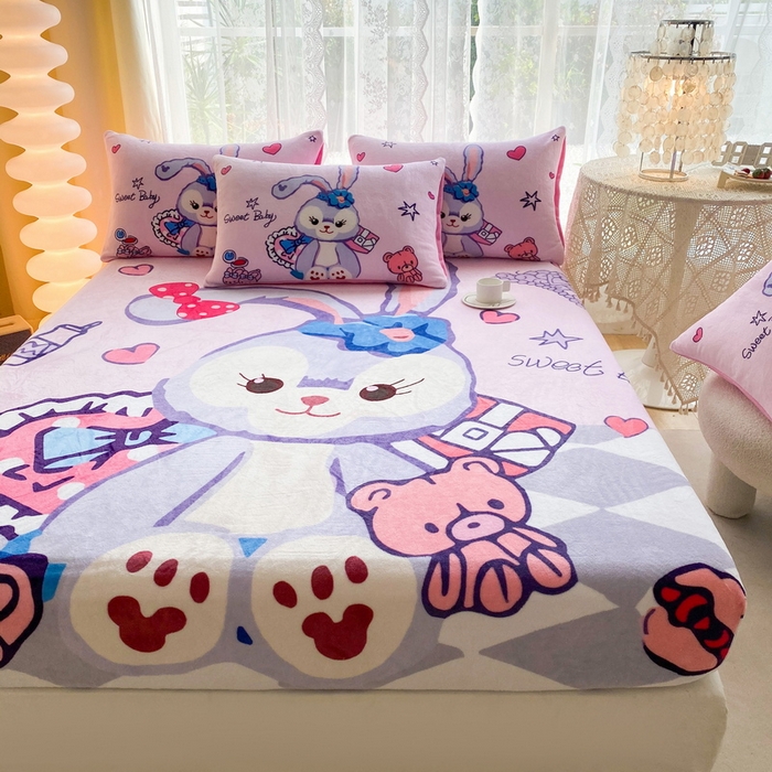 91家纺网 家纺一手货源 找家纺 一电 外贸2025新款卡通珊瑚绒床笠单件床罩冬季加厚牛奶绒床垫保护罩全包床单套 冰冰星黛露