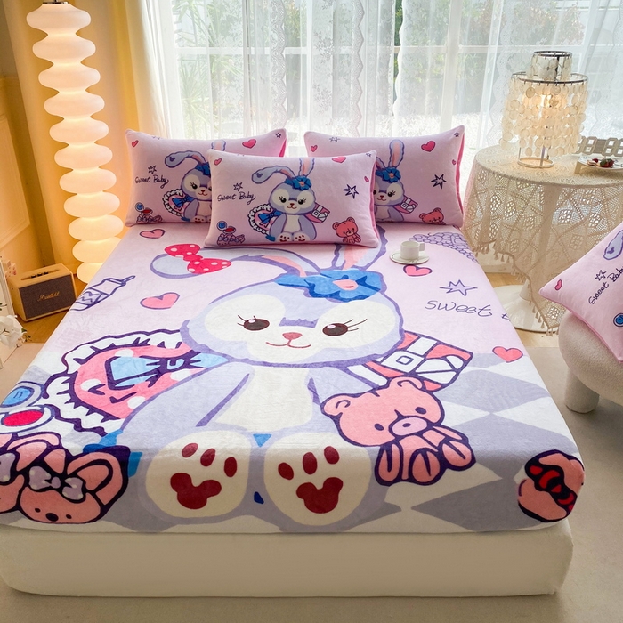 91家纺网 家纺一手货源 找家纺 一电 外贸2025新款卡通珊瑚绒床笠单件床罩冬季加厚牛奶绒床垫保护罩全包床单套 冰冰星黛露