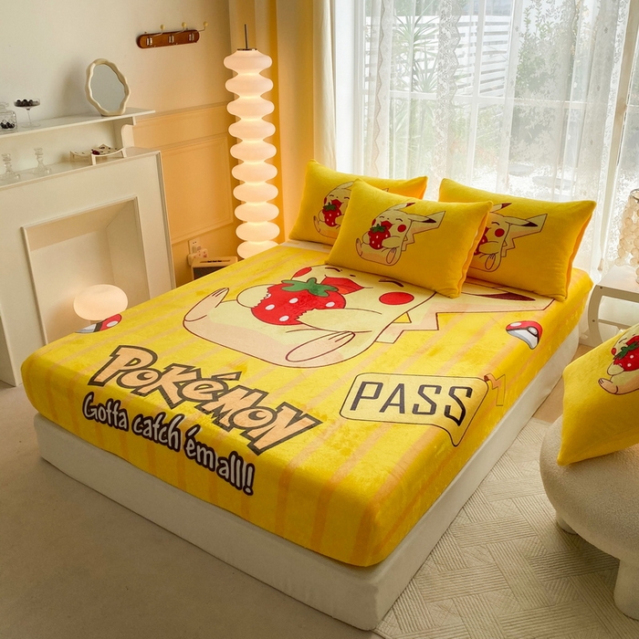 91家纺网 家纺一手货源 找家纺 一电 外贸2025新款卡通珊瑚绒床笠单件床罩冬季加厚牛奶绒床垫保护罩全包床单套 草莓皮卡丘