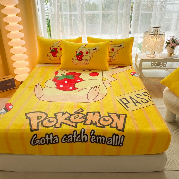 91家纺网 家纺一手货源 找家纺 一电 外贸2025新款卡通珊瑚绒床笠单件床罩冬季加厚牛奶绒床垫保护罩全包床单套 草莓皮卡丘