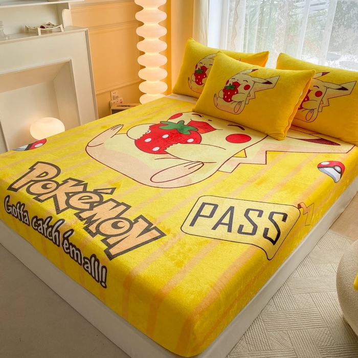 91家纺网 家纺一手货源 找家纺 一电 外贸2025新款卡通珊瑚绒床笠单件床罩冬季加厚牛奶绒床垫保护罩全包床单套 草莓皮卡丘