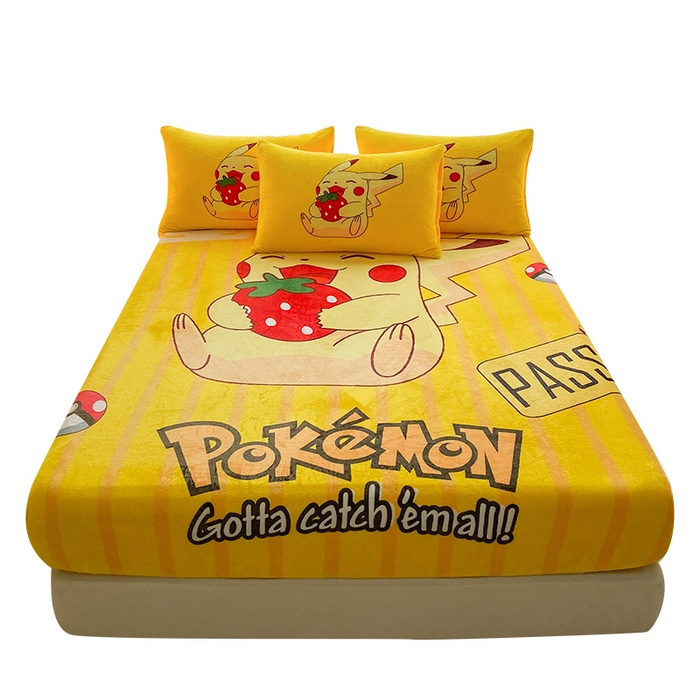 91家纺网 家纺一手货源 找家纺 一电 外贸2025新款卡通珊瑚绒床笠单件床罩冬季加厚牛奶绒床垫保护罩全包床单套 草莓皮卡丘