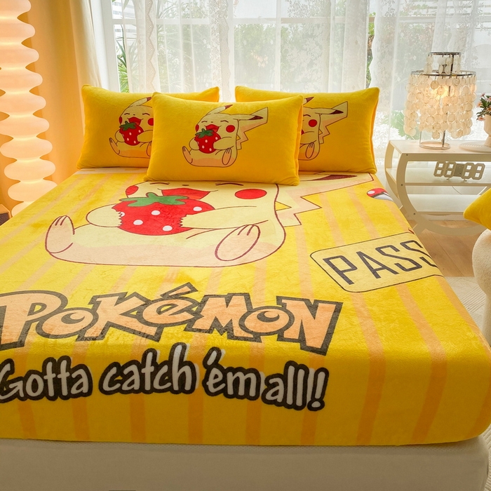 91家纺网 家纺一手货源 找家纺 一电 外贸2025新款卡通珊瑚绒床笠单件床罩冬季加厚牛奶绒床垫保护罩全包床单套 草莓皮卡丘