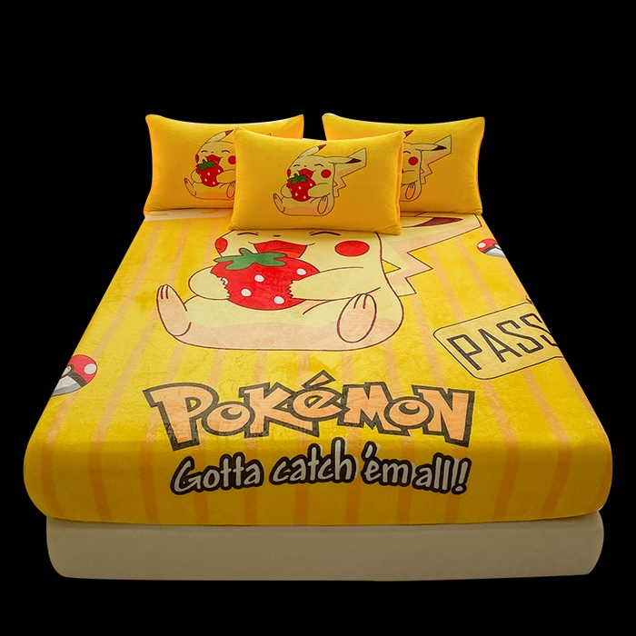 91家纺网 家纺一手货源 找家纺 一电 外贸2025新款卡通珊瑚绒床笠单件床罩冬季加厚牛奶绒床垫保护罩全包床单套 草莓皮卡丘