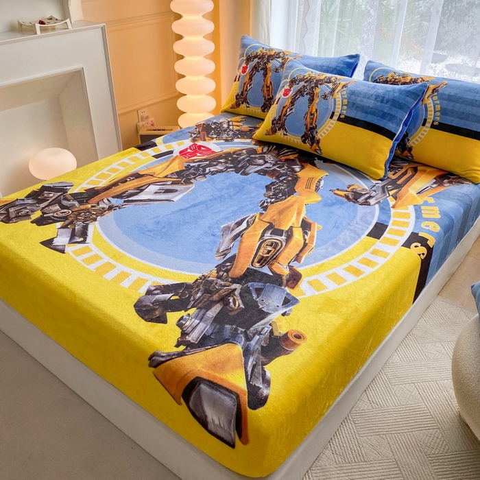 91家纺网 家纺一手货源 找家纺 一电 外贸2025新款卡通珊瑚绒床笠单件床罩冬季加厚牛奶绒床垫保护罩全包床单套 黄蜂机器人