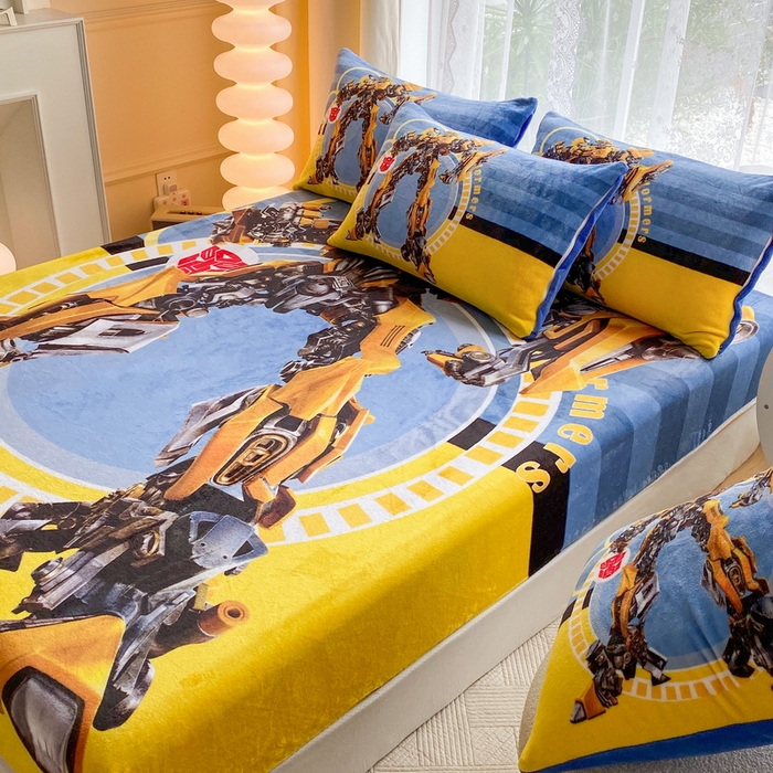 91家纺网 家纺一手货源 找家纺 一电 外贸2025新款卡通珊瑚绒床笠单件床罩冬季加厚牛奶绒床垫保护罩全包床单套 黄蜂机器人