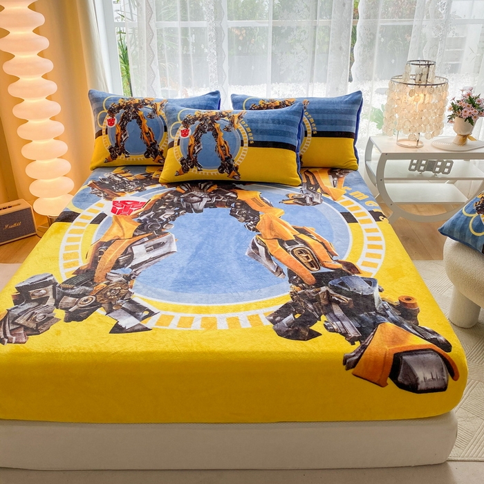 91家纺网 家纺一手货源 找家纺 一电 外贸2025新款卡通珊瑚绒床笠单件床罩冬季加厚牛奶绒床垫保护罩全包床单套 黄蜂机器人