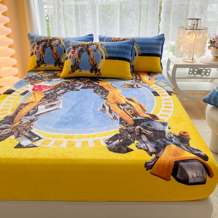 91家纺网 家纺一手货源 找家纺 一电 外贸2025新款卡通珊瑚绒床笠单件床罩冬季加厚牛奶绒床垫保护罩全包床单套 黄蜂机器人