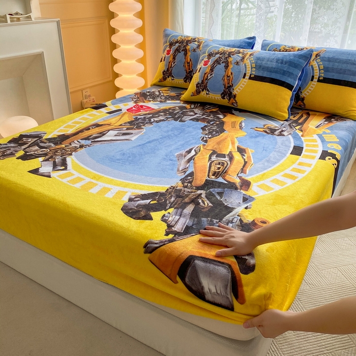 91家纺网 家纺一手货源 找家纺 一电 外贸2025新款卡通珊瑚绒床笠单件床罩冬季加厚牛奶绒床垫保护罩全包床单套 黄蜂机器人