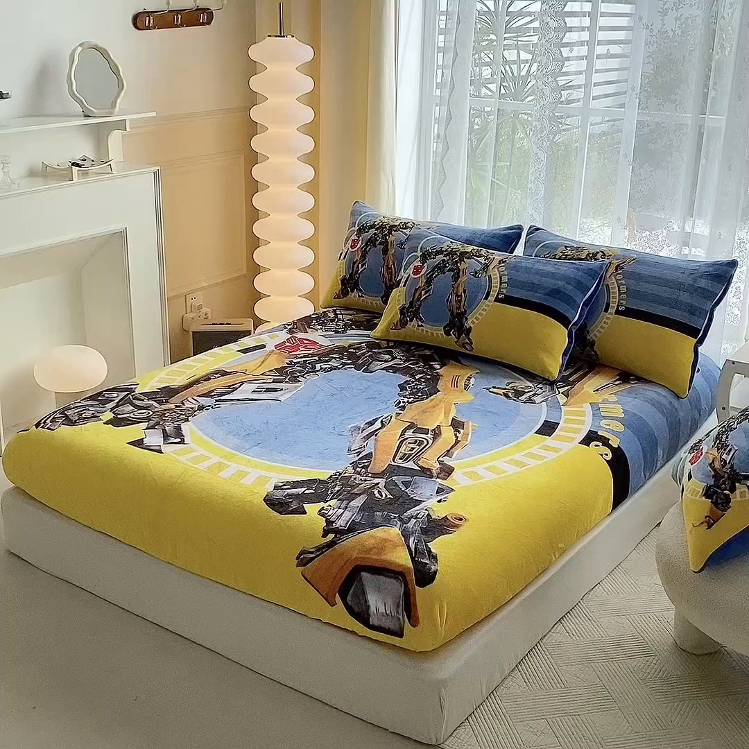 91家纺网 家纺一手货源 找家纺 一电 外贸2025新款卡通珊瑚绒床笠单件床罩冬季加厚牛奶绒床垫保护罩全包床单套 黄蜂机器人