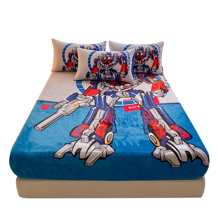 91家纺网 家纺一手货源 找家纺 一电 外贸2025新款卡通珊瑚绒床笠单件床罩冬季加厚牛奶绒床垫保护罩全包床单套 圈圈机器人