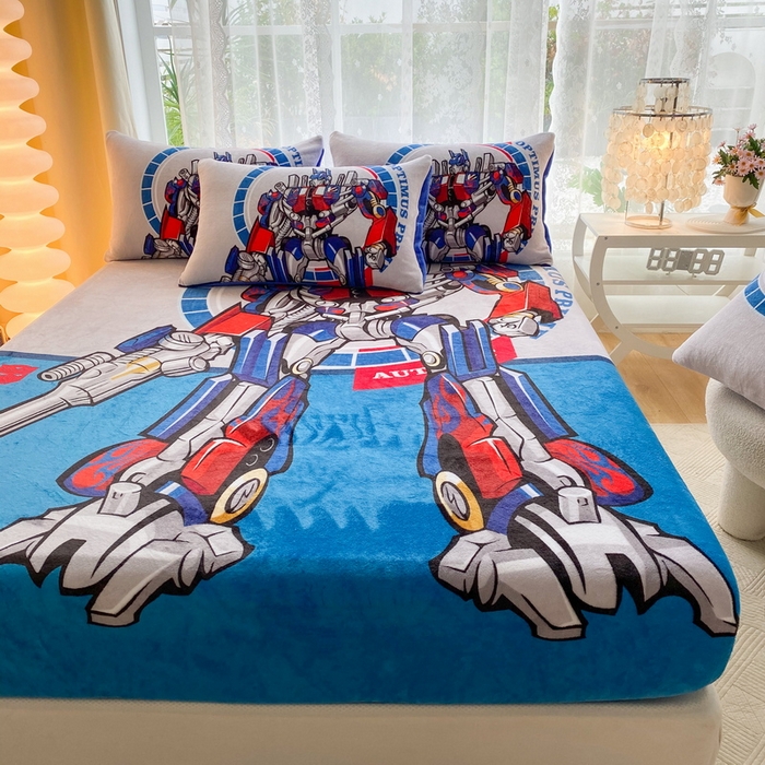 91家纺网 家纺一手货源 找家纺 一电 外贸2025新款卡通珊瑚绒床笠单件床罩冬季加厚牛奶绒床垫保护罩全包床单套 圈圈机器人