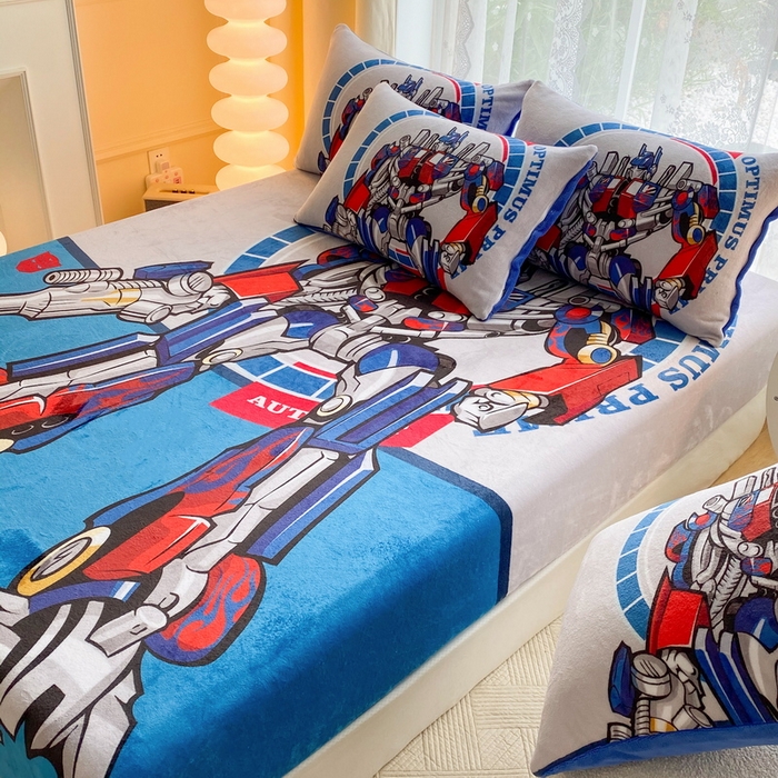 91家纺网 家纺一手货源 找家纺 一电 外贸2025新款卡通珊瑚绒床笠单件床罩冬季加厚牛奶绒床垫保护罩全包床单套 圈圈机器人