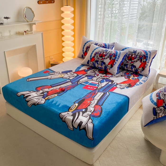 91家纺网 家纺一手货源 找家纺 一电 外贸2025新款卡通珊瑚绒床笠单件床罩冬季加厚牛奶绒床垫保护罩全包床单套 圈圈机器人