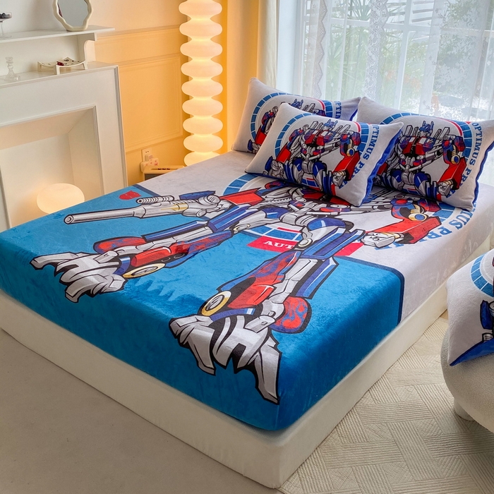 91家纺网 家纺一手货源 找家纺 一电 外贸2025新款卡通珊瑚绒床笠单件床罩冬季加厚牛奶绒床垫保护罩全包床单套 圈圈机器人