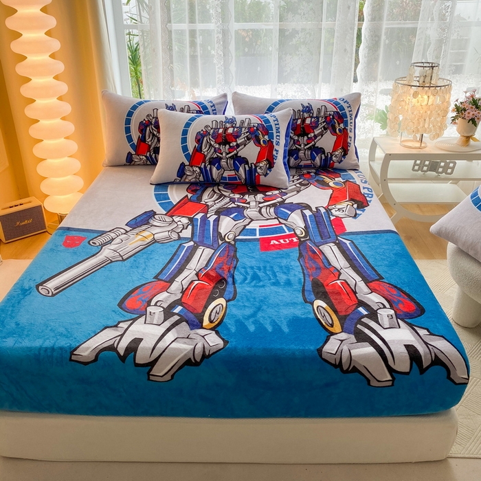 91家纺网 家纺一手货源 找家纺 一电 外贸2025新款卡通珊瑚绒床笠单件床罩冬季加厚牛奶绒床垫保护罩全包床单套 圈圈机器人