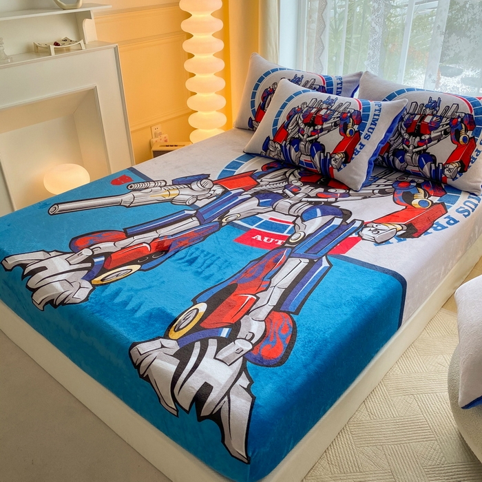 91家纺网 家纺一手货源 找家纺 一电 外贸2025新款卡通珊瑚绒床笠单件床罩冬季加厚牛奶绒床垫保护罩全包床单套 圈圈机器人