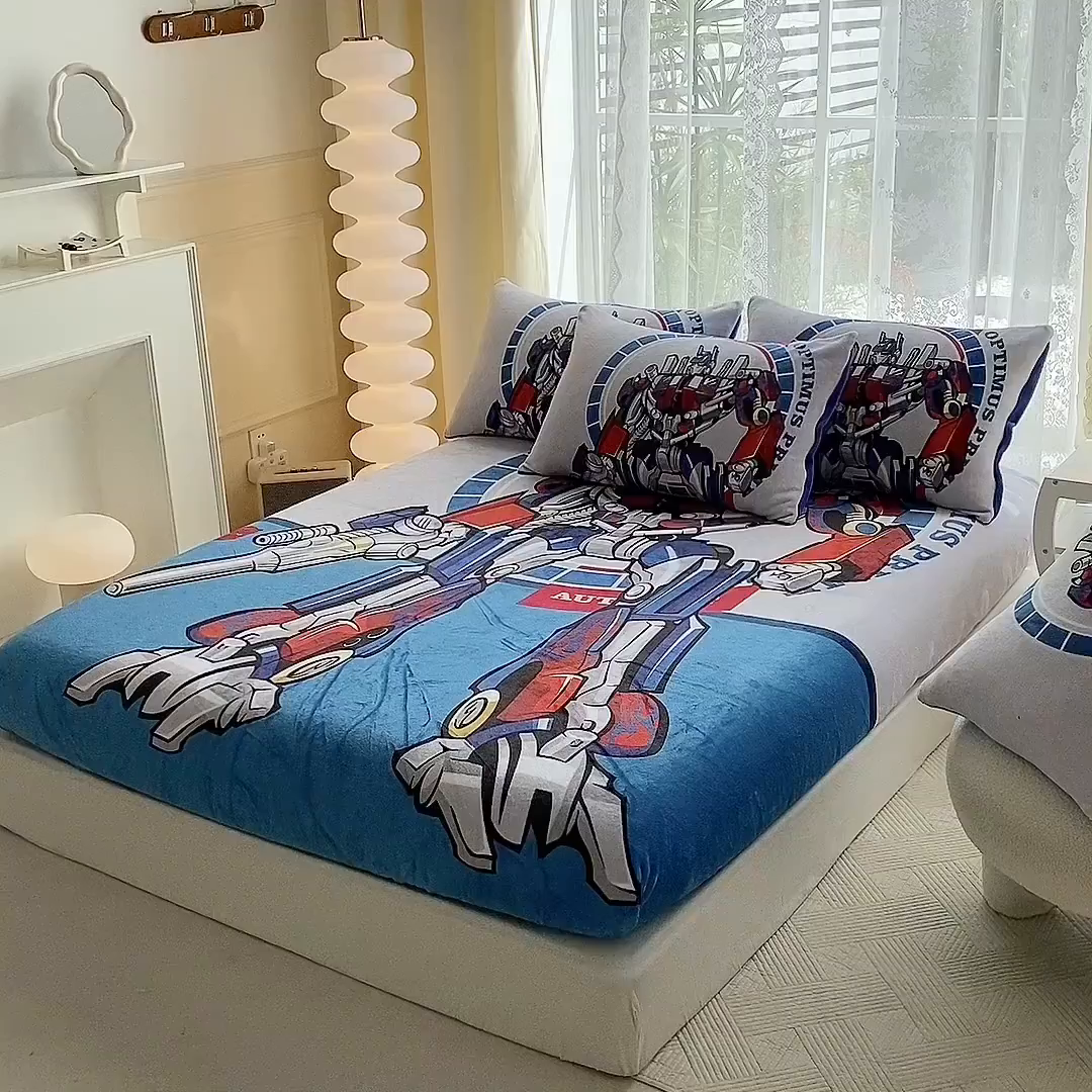 91家纺网 家纺一手货源 找家纺 一电 外贸2025新款卡通珊瑚绒床笠单件床罩冬季加厚牛奶绒床垫保护罩全包床单套 圈圈机器人