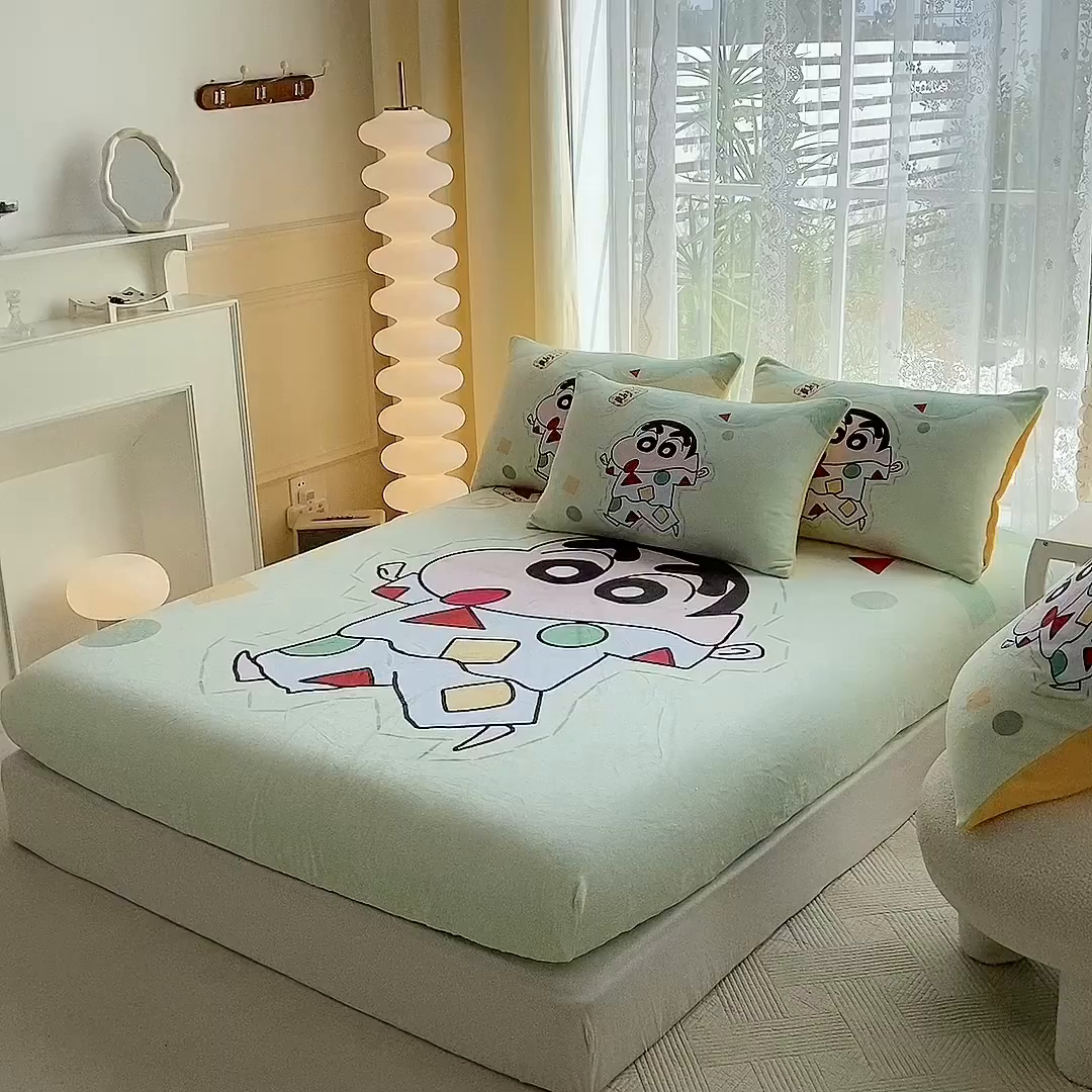 91家纺网 家纺一手货源 找家纺 一电 外贸2025新款卡通珊瑚绒床笠单件床罩冬季加厚牛奶绒床垫保护罩全包床单套 小新