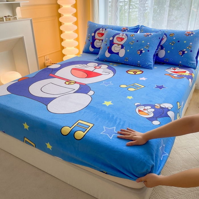 91家纺网 家纺一手货源 找家纺 一电 外贸2025新款卡通珊瑚绒床笠单件床罩冬季加厚牛奶绒床垫保护罩全包床单套 音符叮当