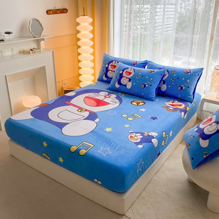 91家纺网 家纺一手货源 找家纺 一电 外贸2025新款卡通珊瑚绒床笠单件床罩冬季加厚牛奶绒床垫保护罩全包床单套 音符叮当