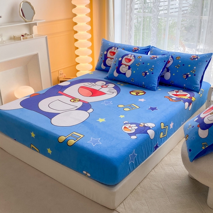 91家纺网 家纺一手货源 找家纺 一电 外贸2025新款卡通珊瑚绒床笠单件床罩冬季加厚牛奶绒床垫保护罩全包床单套 音符叮当