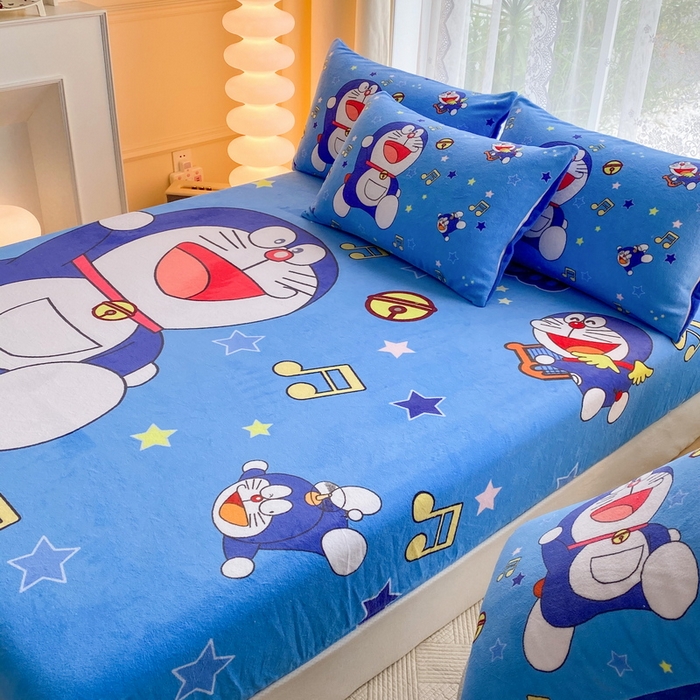 91家纺网 家纺一手货源 找家纺 一电 外贸2025新款卡通珊瑚绒床笠单件床罩冬季加厚牛奶绒床垫保护罩全包床单套 音符叮当