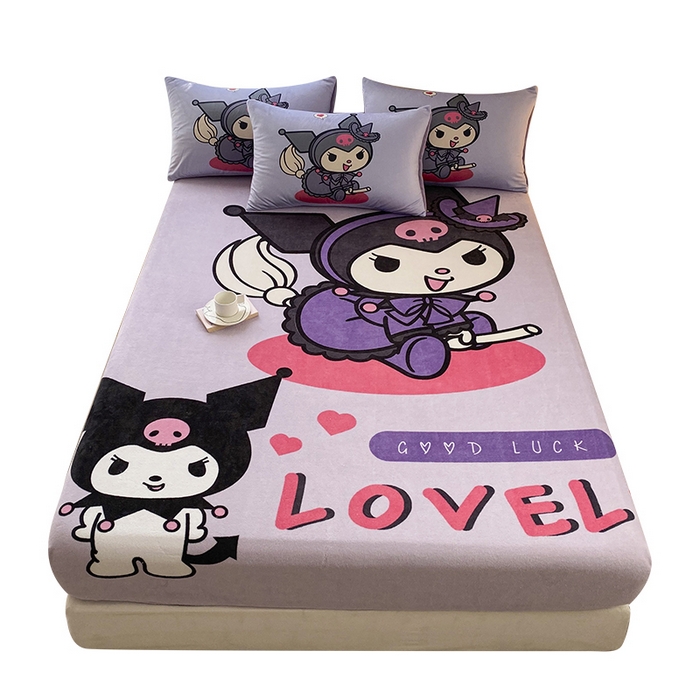 91家纺网 家纺一手货源 找家纺 一电 外贸2025新款卡通珊瑚绒床笠单件床罩冬季加厚牛奶绒床垫保护罩全包床单套 可爱库洛米