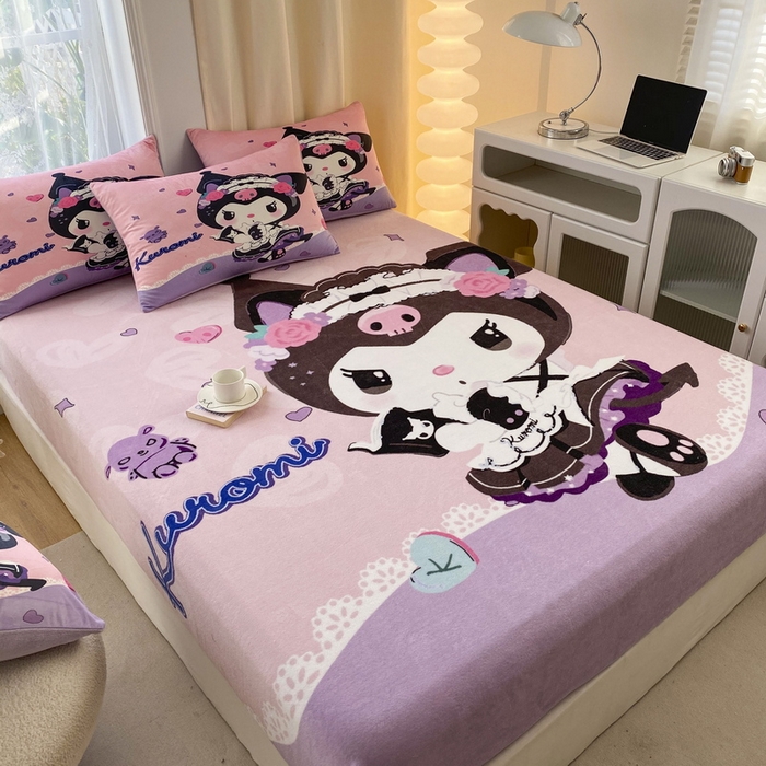91家纺网 家纺一手货源 找家纺 一电 外贸2025新款卡通珊瑚绒床笠单件床罩冬季加厚牛奶绒床垫保护罩全包床单套 库洛米公主
