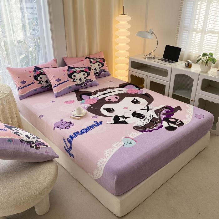 91家纺网 家纺一手货源 找家纺 一电 外贸2025新款卡通珊瑚绒床笠单件床罩冬季加厚牛奶绒床垫保护罩全包床单套 库洛米公主