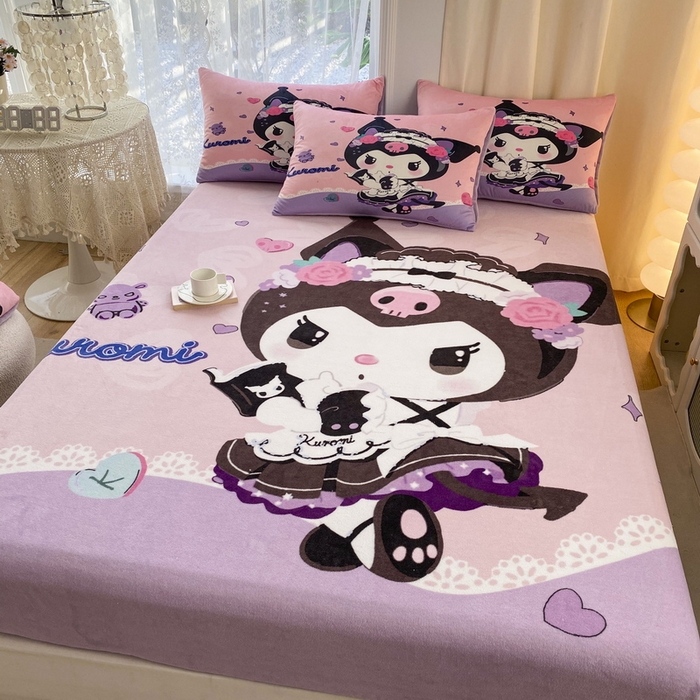 91家纺网 家纺一手货源 找家纺 一电 外贸2025新款卡通珊瑚绒床笠单件床罩冬季加厚牛奶绒床垫保护罩全包床单套 库洛米公主