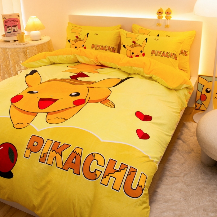 91家纺网 家纺一手货源 找家纺 一电 2025外贸跨境电商儿童卡通床上四件套亲肤牛奶绒学生三件床单被套加大珊瑚宝宝卡通 奔跑皮卡丘