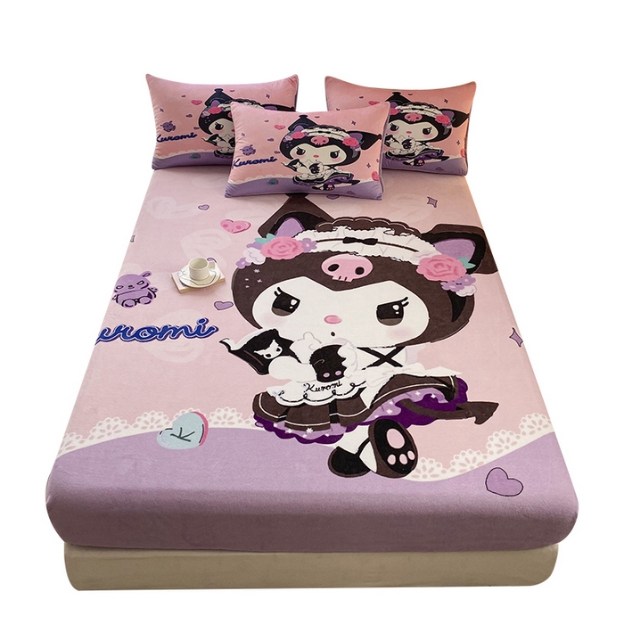 91家纺网 家纺一手货源 找家纺 一电 外贸2025新款卡通珊瑚绒床笠单件床罩冬季加厚牛奶绒床垫保护罩全包床单套 库洛米公主