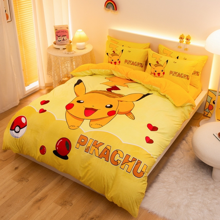 91家纺网 家纺一手货源 找家纺 一电 2025外贸跨境电商儿童卡通床上四件套亲肤牛奶绒学生三件床单被套加大珊瑚宝宝卡通 奔跑皮卡丘