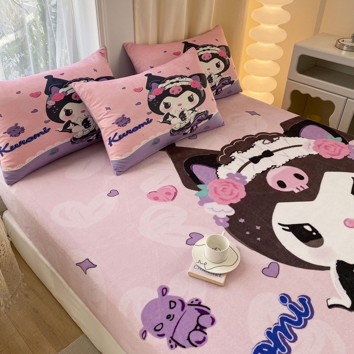 91家纺网 家纺一手货源 找家纺 一电 外贸2025新款卡通珊瑚绒床笠单件床罩冬季加厚牛奶绒床垫保护罩全包床单套 库洛米公主