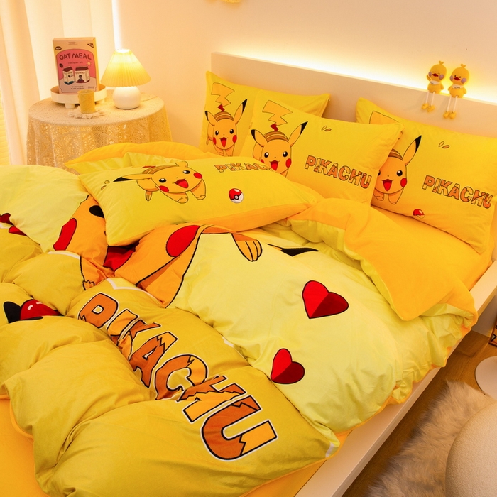 91家纺网 家纺一手货源 找家纺 一电 2025外贸跨境电商儿童卡通床上四件套亲肤牛奶绒学生三件床单被套加大珊瑚宝宝卡通 奔跑皮卡丘