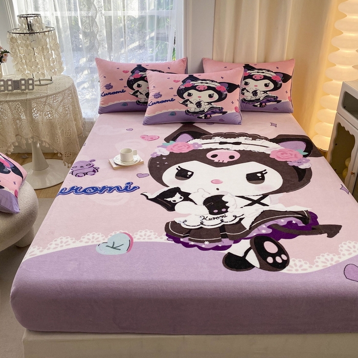 91家纺网 家纺一手货源 找家纺 一电 外贸2025新款卡通珊瑚绒床笠单件床罩冬季加厚牛奶绒床垫保护罩全包床单套 库洛米公主