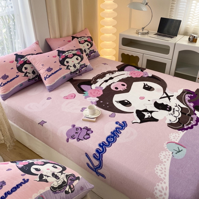 91家纺网 家纺一手货源 找家纺 一电 外贸2025新款卡通珊瑚绒床笠单件床罩冬季加厚牛奶绒床垫保护罩全包床单套 库洛米公主