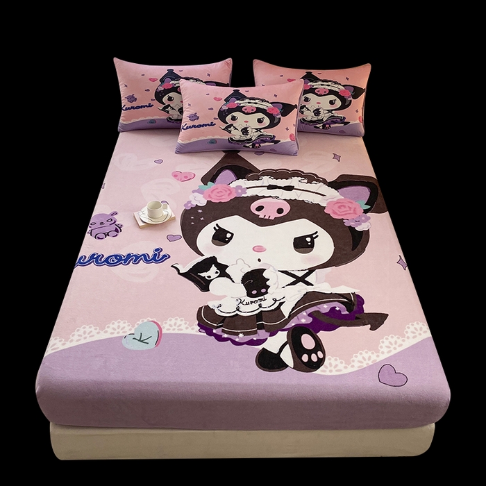 91家纺网 家纺一手货源 找家纺 一电 外贸2025新款卡通珊瑚绒床笠单件床罩冬季加厚牛奶绒床垫保护罩全包床单套 库洛米公主