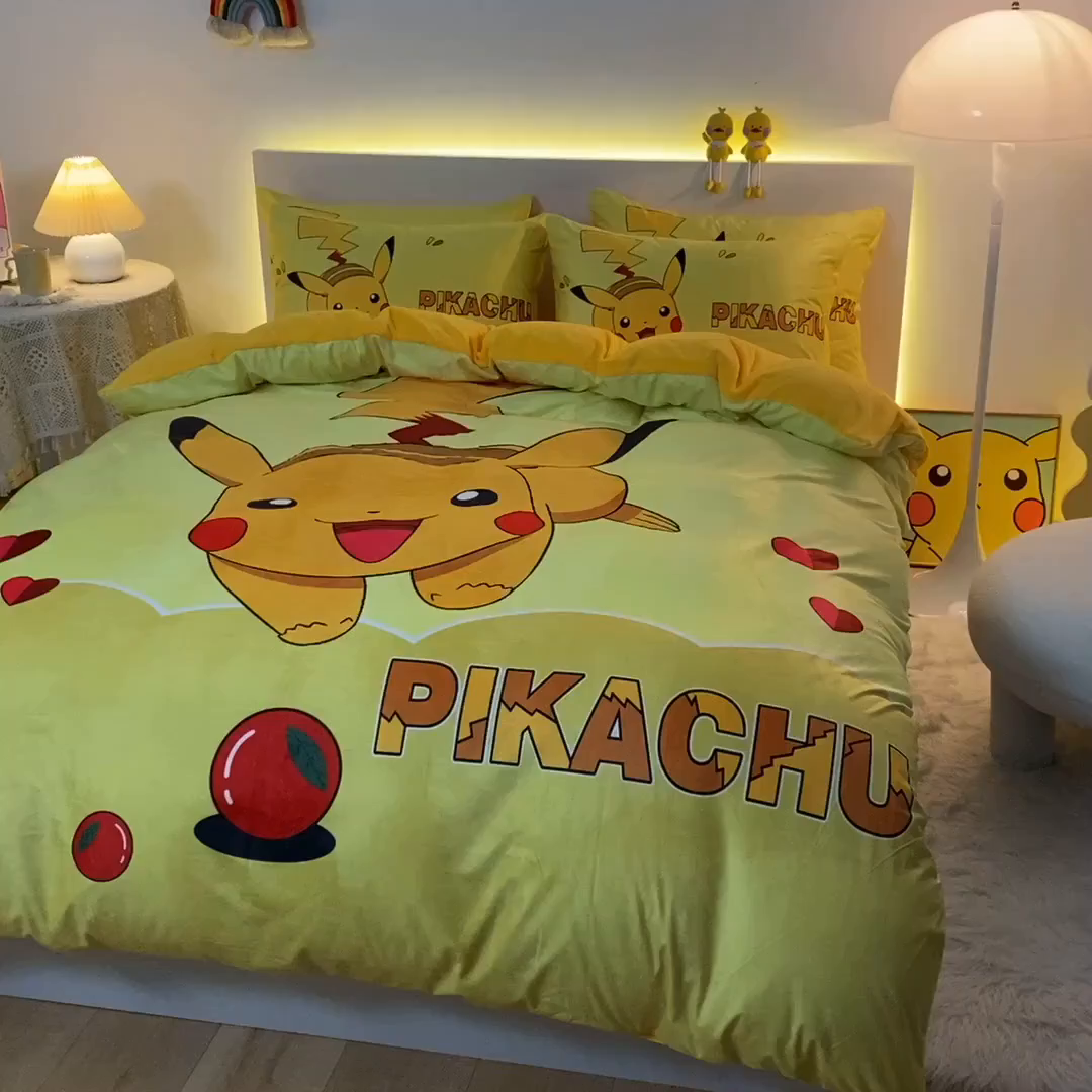 91家纺网 家纺一手货源 找家纺 一电 2025外贸跨境电商儿童卡通床上四件套亲肤牛奶绒学生三件床单被套加大珊瑚宝宝卡通 奔跑皮卡丘